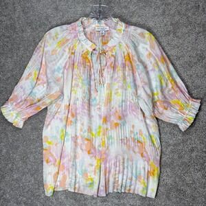 Current Air Los Angeles Watercolor Floral Plisse Pleated Ruffle Tie Blouse XS